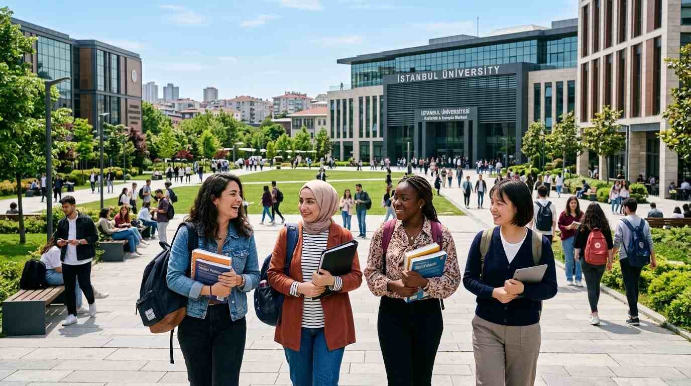 International students walking at a modern university campus in Turkey