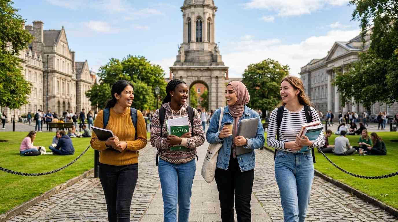International female students studying at a university campus in Ireland