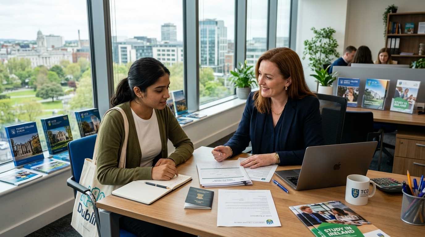 International student consulting with an advisor about the Ireland student visa process while planning to study in Ireland.