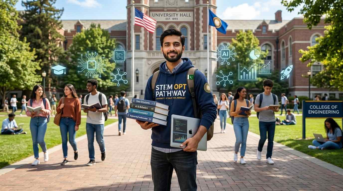 Study in USA for Pakistani students standing on a modern American university campus with books and laptop representing international education opportunities