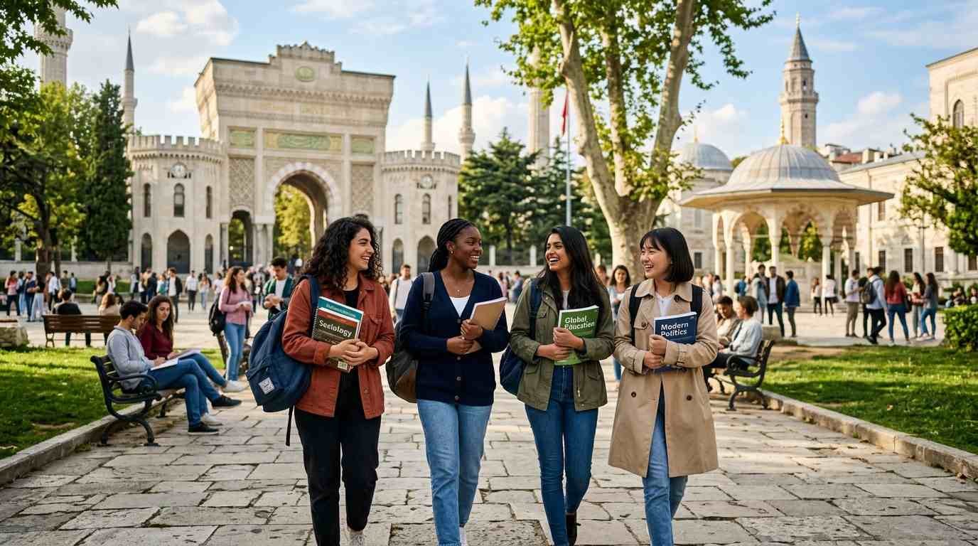 International students walking at a university campus in Türkiye
