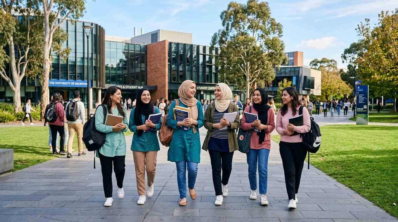 Pakistani female students standing happily at a modern university campus while pursuing their dream to study in Australia.