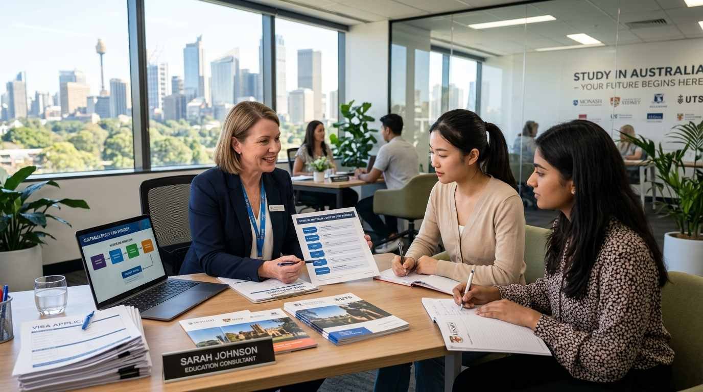 Education consultant guiding international female students through the admission and visa process to study in Australia inside a modern consultation office.