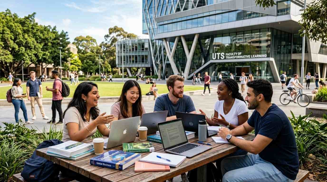 International students studying together at a modern Australian university campus – study in Australia